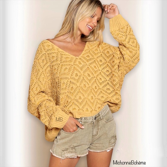 POL Golden Yellow Chenille Honeycomb Sweater Relaxed Fit - Picture 10 of 15